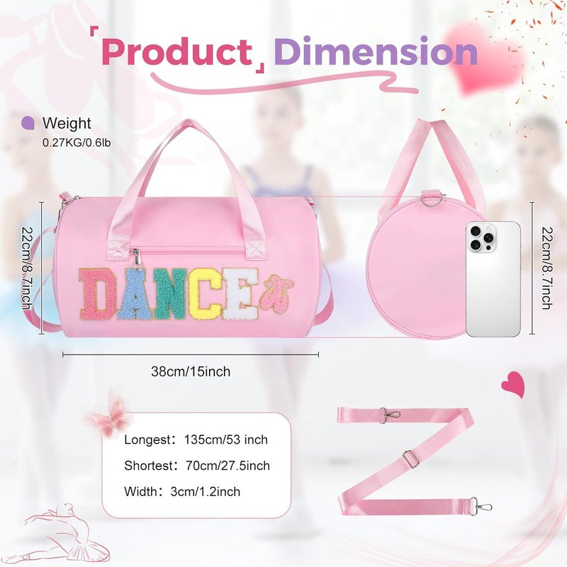 KUIRAN Store Dance Bag for Girls, 23L Waterproof Travel Duffel Bag with Colorful Chenille Letter, Lightweight Small Gym Sport Ballet Bag with Large Main Compartment 15"Lx9"Wx9"H - Light Pink - Image 2